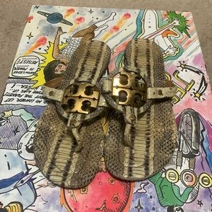 Tory Burch snakeskin slides worn with mild defect on strap (shown in photos)